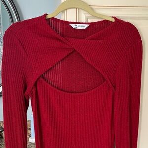 Cupshe Deep Red Ribbed Long-Sleeve dress with Front Cutout